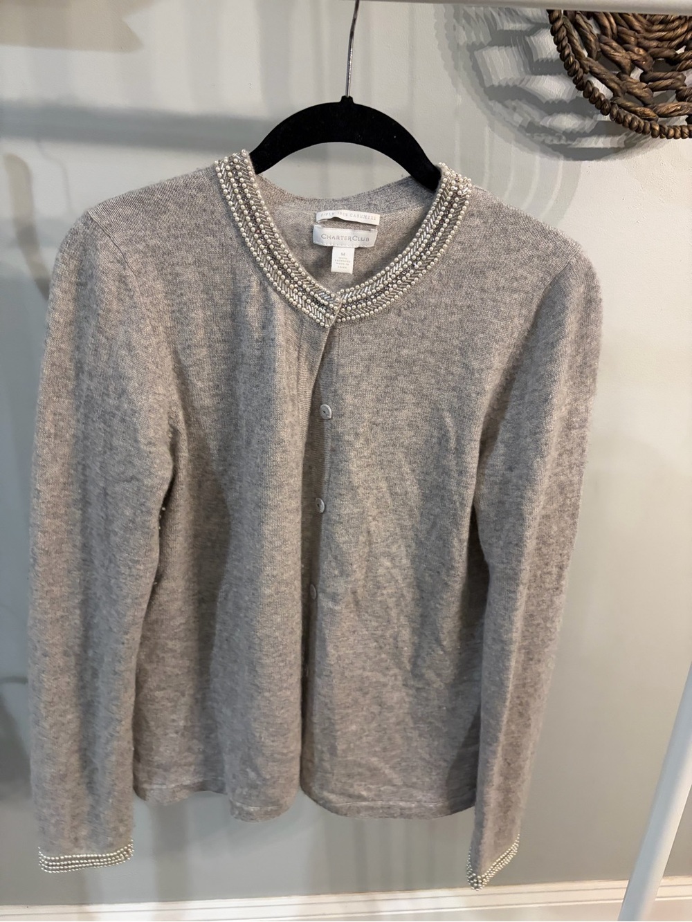 Charter Club Light Gray Beaded Neckline cashmere Cardigan size medium